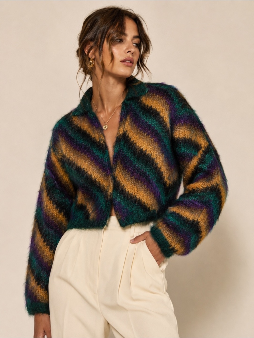 Vintage Linda Allard Ellen Tracy Mohair Cardigan Zig Zag Statement Knit Small